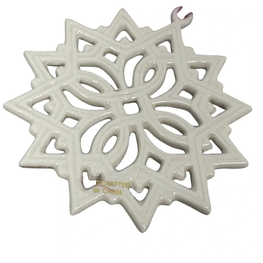 Lenox Porcelain Christmas Ornaments Set Noel Sleigh and Snowflake White Glazed